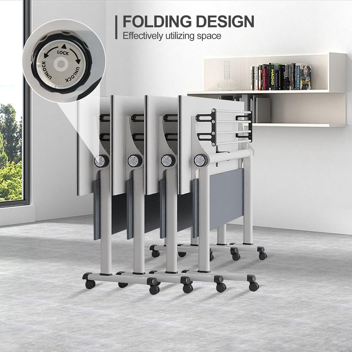 Jklmzpf Conference Table, Folding Office Conference Room Tables on Wheels, Flip Top Mobile Meeting Training Table with White Tabletop, Rectangular Classroom Seminar Tables Multifunctiona Modular Desk Jklmzpf