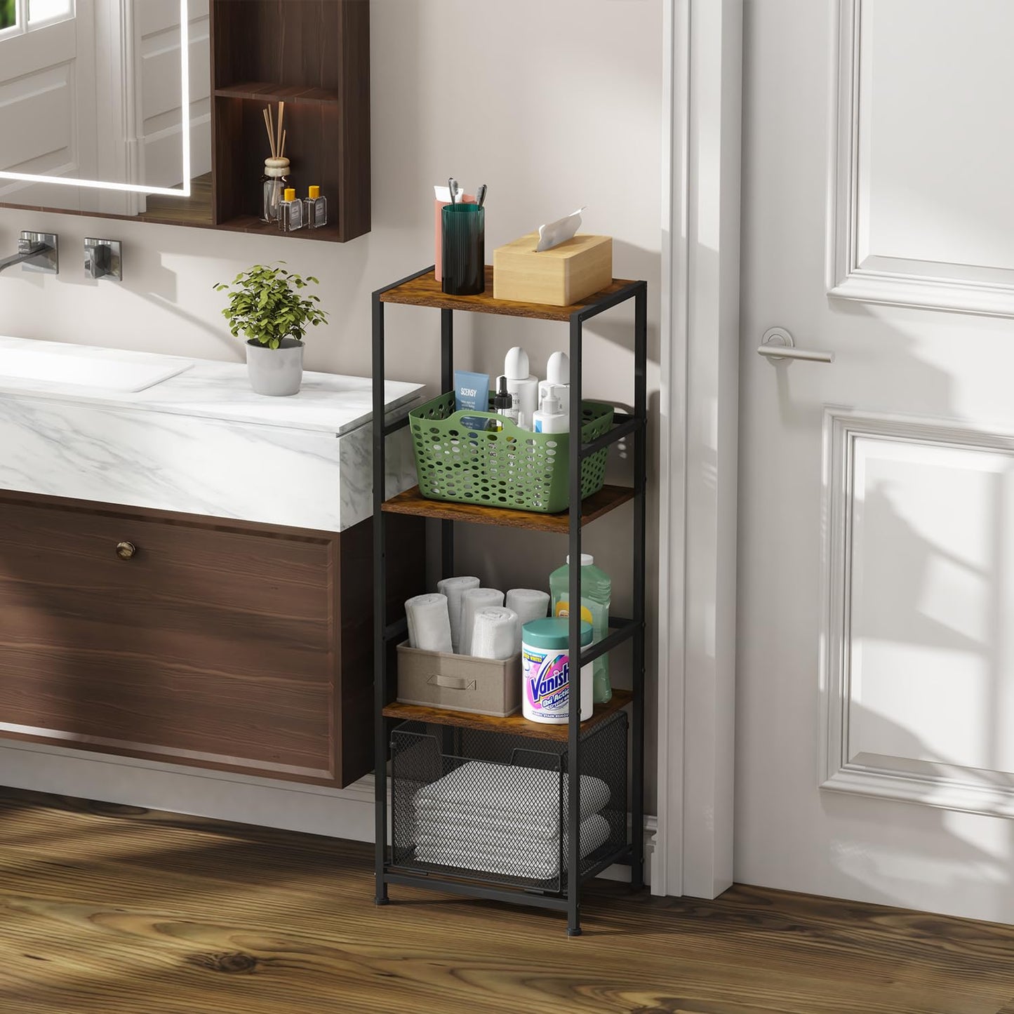 4-Tier Bathroom Storage Shelves, Retro Shelving Unit and Storage Bathroom Rack, Iron Wood Combination Heavy Duty Bathroom Stand with Drawer, Freestanding Tall Shelf for Bathroom, Kitchen, Laundry