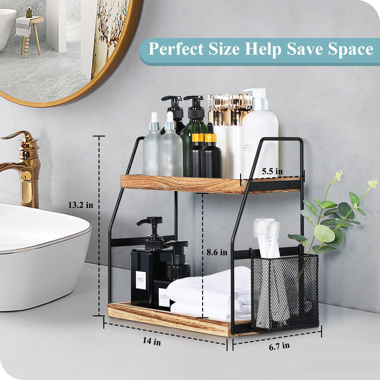 Bathroom Counter Organizer, 2-Tier Standing Storage Shelf with Basket, Wood Tray for Skincare Vanity Organizer Uneviesyka