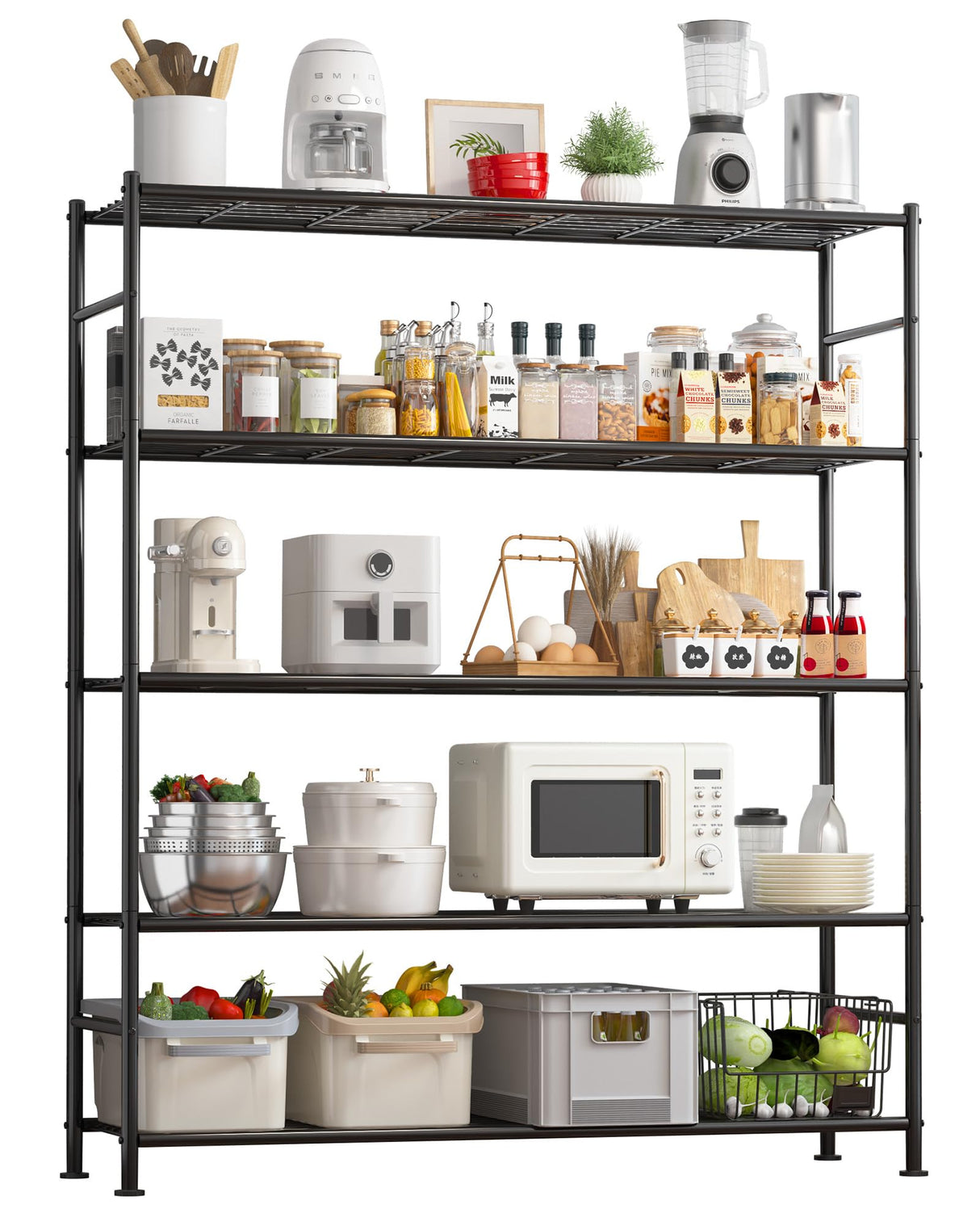 Sakugi Storage Shelves - 5 Tier Shelf Organizer, Sturdy Metal Garage Shelving with Adjustable Leveling Feet, Space-Saving Shelves Organizer for Pantry, Laundry, Kitchen (47" x 12" x 60", Black) Sakugi