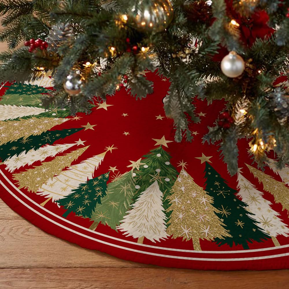 CROWNED BEAUTY Christmas Tree Skirt Collar 48 Inch Xmas Pine Trees Soft Farmhouse Holiday Decoration (Red & Green) CROWNED BEAUTY