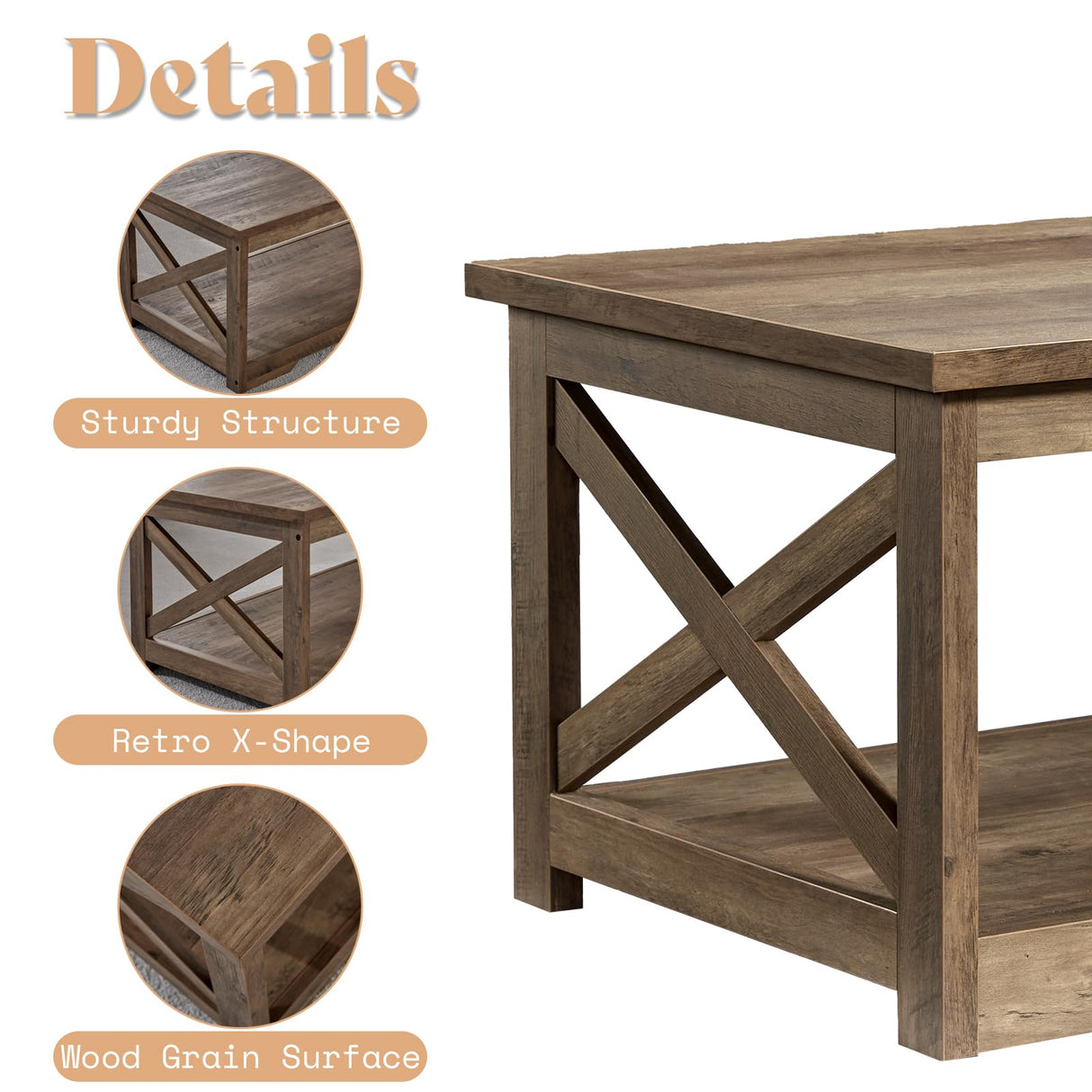 AMERLIFE 3-Piece Farmhouse Table Set Includes Coffee Table& Two End Tables, Side Table with Charging Station and USB Ports, for Living Room, Bedroom,Barnwood AMERLIFE