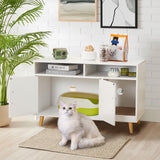 Mdeam Cat Litter Box Enclosure, Hidden Litter Box Furniture with Front Entry, 2-Door Storage Cabinet, 2 Compartments, Scratcher Pad, Air Vents, Wooden Side End Table (White) Mdeam