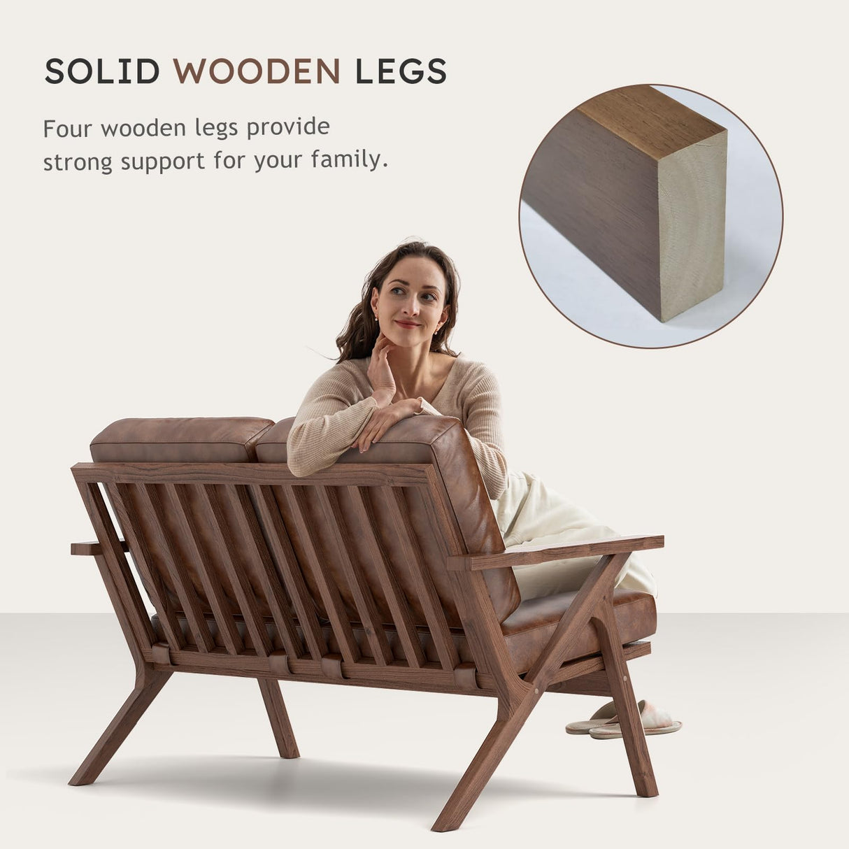 Bonzy Home 51.6" Loveseat Sofa Mid-Century Faux Leather Accent Chair, Upholstered 2-Seat Couch Loveseat with Solid Wood Frame and Cushions, Small Sofa Couch Armchair for Living Room, Bedroom,Brown Bonzy Home