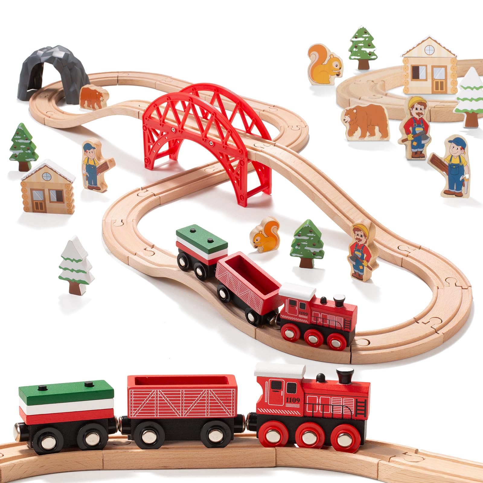 Giant bean Forest Theme Wooden Train Set for Toddler- 36PCS Expandable & Changeable Wooden Train Tracks Toy, for Kids Boys and Girls 3-7, Fits for - WoodArtSupply