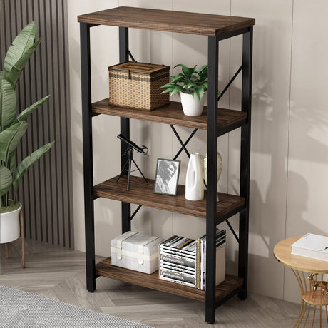 Rustic Solid Wood 4-Tier Bookshelf with Industrial Metal Frame - Vintage Storage Organizer in Retro Brown AY-AOYUAN
