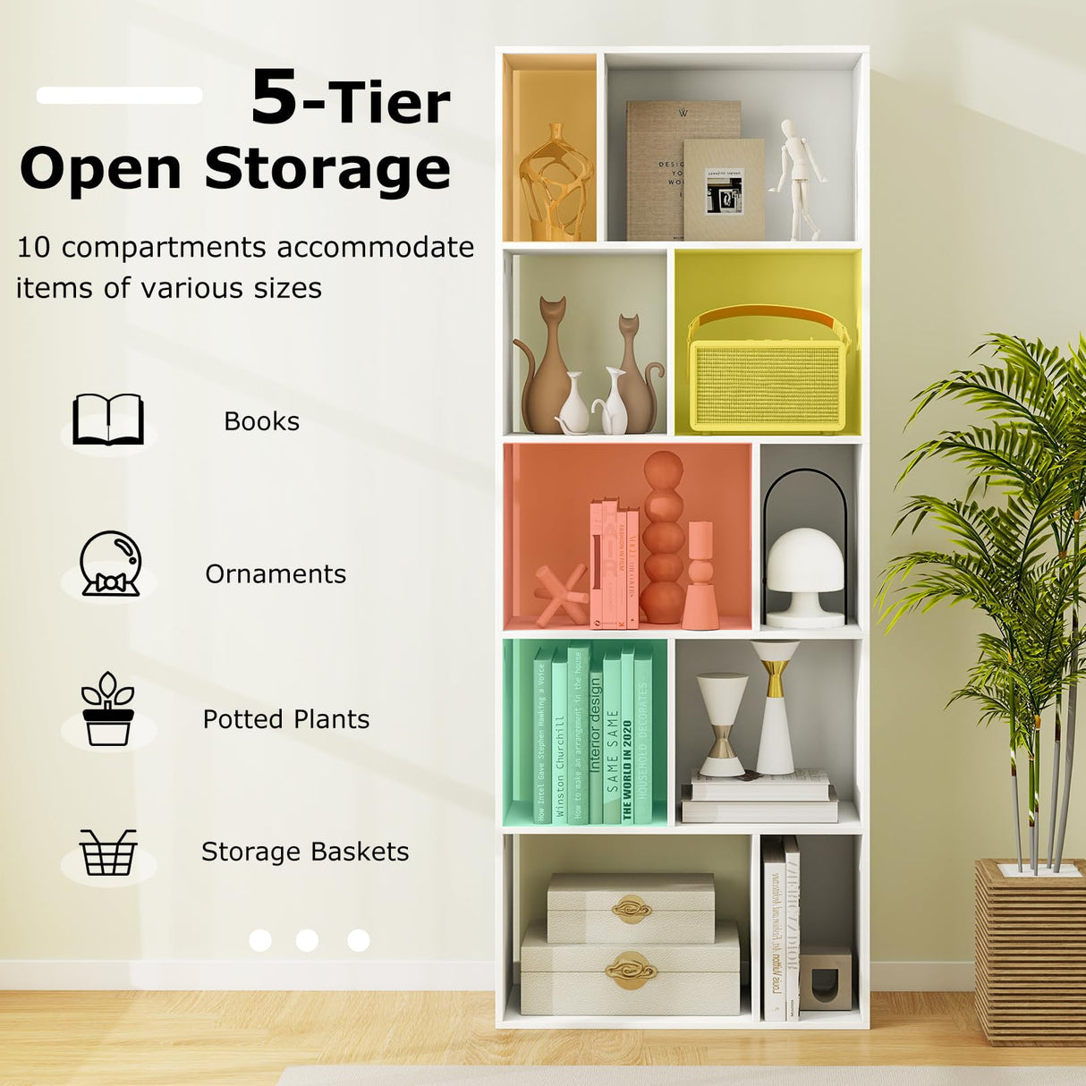 Nightcore 63” Tall Freestanding Display Shelf, 5-Tier Geometric Bookcase with 10 Storage Cubbies, Anti-toppling Devices, Modern Bookshelf for Living Room, Bedroom, Home Office, White WoodArtSupply