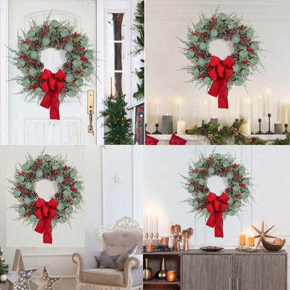 zjlmit 20 Inch Artificial Christmas Wreath Christmas Wreaths for Front Door with Pine Needles Pine Cones Red Berries Eucalyptus Leaves Red Bow for Home Office Wall Window Fireplace Winter Holidays