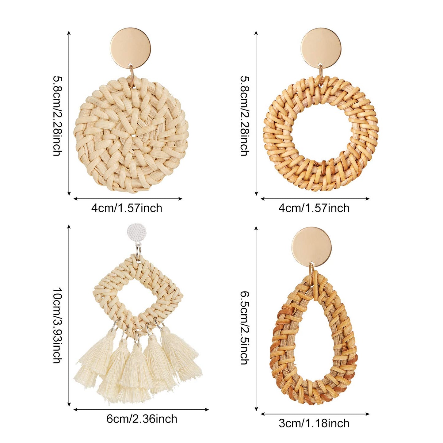 4 Pairs Rattan Earrings Lightweight Geometric Tassel Woven Bohemian Earrings Handmade Straw Wicker Braid Hoop Drop Dangle Earrings For Women Girls (Stylish) - WoodArtSupply