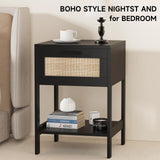 Derfullo Rattan Nightstand Set of 2 - Rattan Decor Drawer Night Stand Natural Wood Bedside Table Boho End Table Side Table with Storage Shelf Derfullo