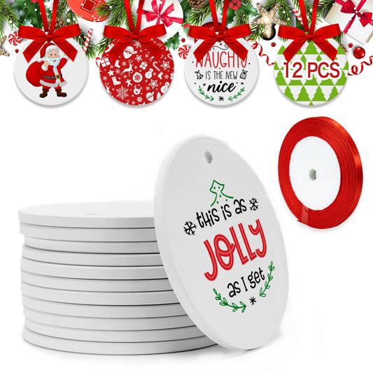 12PCS Sublimation Ceramic Ornaments - Sublimation Ornament Blanks Bulk with Christmas Ribbons - Ceramic Discs Ornament for Heat Press - Double-Sided Printing - Xmas Tree Decorate Crafts Gift