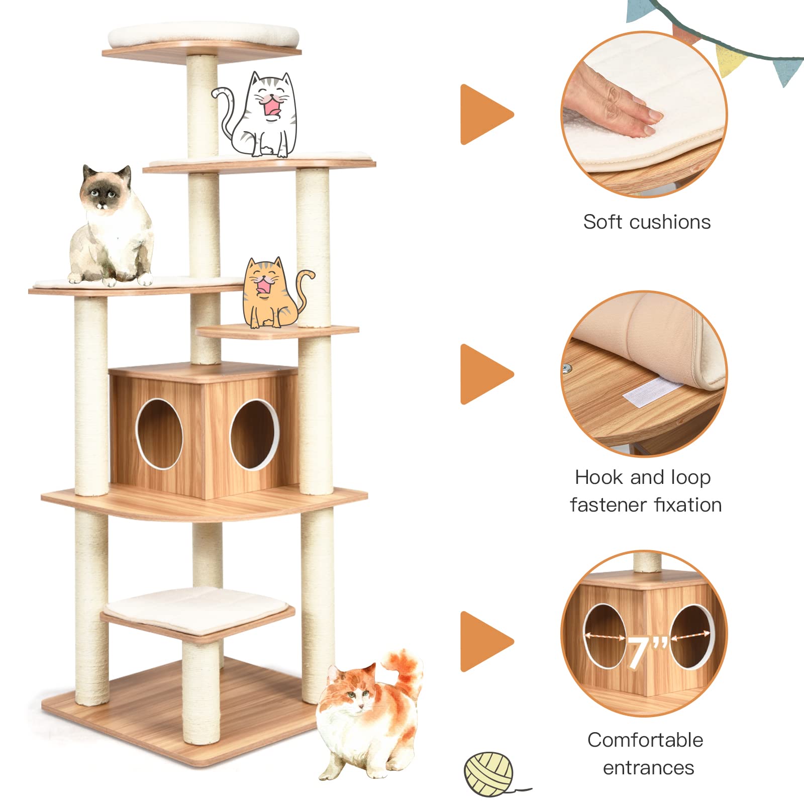 PETSITE Tall Cat Tree for Indoor Cats, 69 Inches Multi-Level Modern Cat Tower with Plush Perch, Cozy Condo, Platforms, Sisal Scratching Posts, EVA Massage Comb & Removable Cushions (Natural) - WoodArtSupply