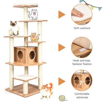 PETSITE Tall Cat Tree for Indoor Cats, 69 Inches Multi-Level Modern Cat Tower with Plush Perch, Cozy Condo, Platforms, Sisal Scratching Posts, EVA Massage Comb & Removable Cushions (Natural) - WoodArtSupply