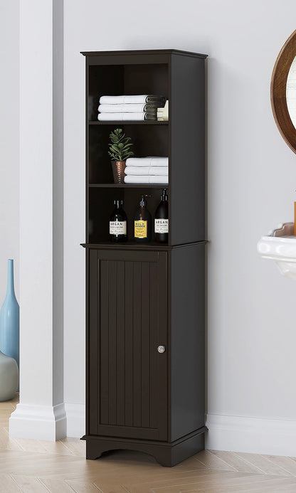 Spirich Home Freestanding Storage Cabinet with Three Tier Shelves, Tall Slim Cabinet, Free Standing Linen Tower, Espresso