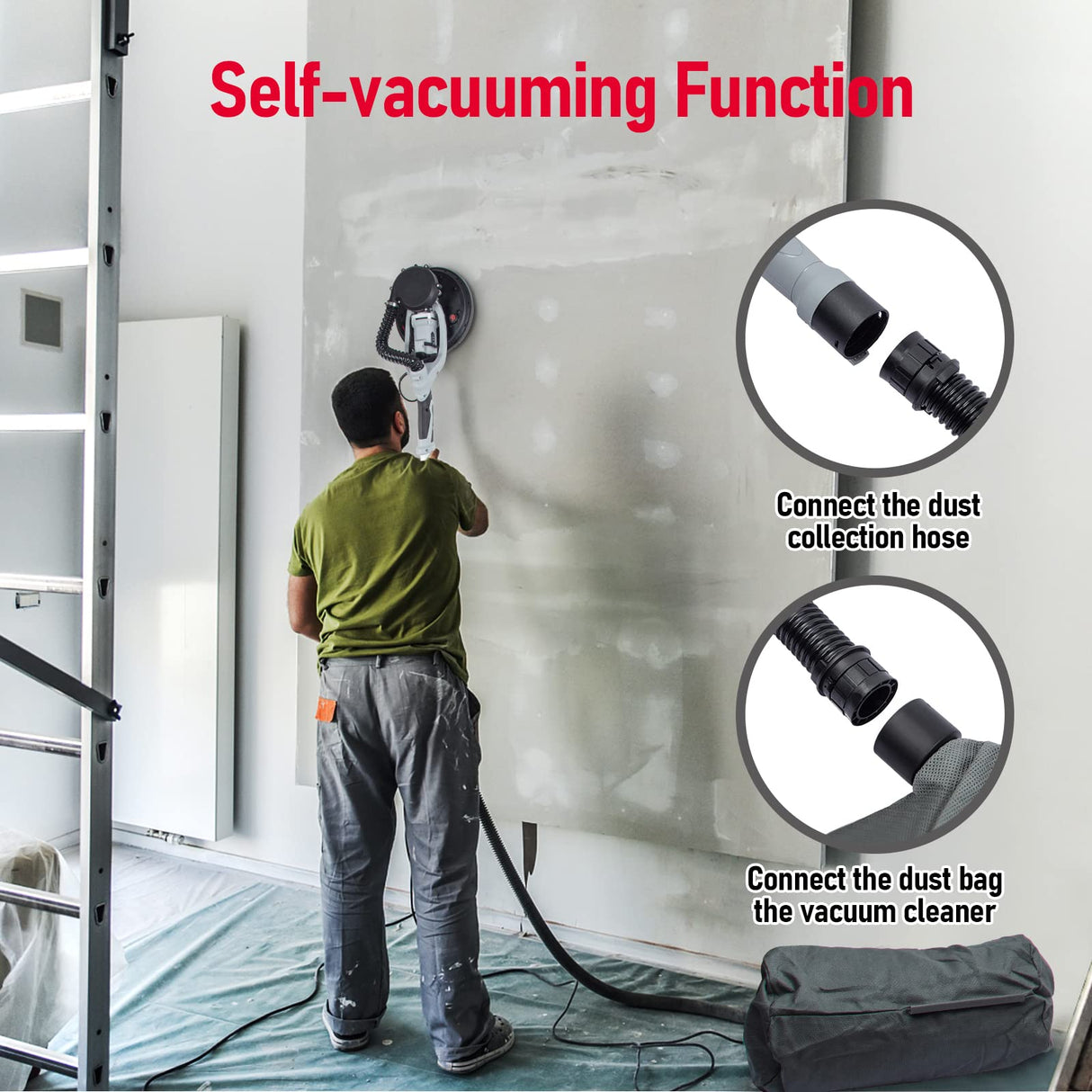 Drywall Sander, 800W Electric Sander with 12 Sanding Discs, Variable Speed 800-1800 RPM Wall Sander with Automatic Dust Removal System, LED Lights, Extendable Handle, Dust Bag & Carrying Bag Garvee