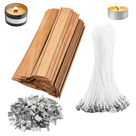 QPZ 100Pcs Cotton Candle Wicks 6" Pre-Waxed with Tabs,50Pcs Wooden Candle Wicks Smokeless,Wood Candle Making Wicks 0.59*5.9 Inch with 50Pcs Wick Clips Holders Metal Based for Candle DIY,Candle Making pice