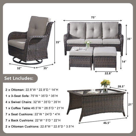 Rilyson Wicker Patio Furniture Set - 8 Piece Rattan Outdoor Sectional Conversation Sets with 4 Swivel Rocking Chairs,2 Ottomans,1 Sofa and 1 Coffee Table for Porch Deck Garden(Brown/Grey) Rilyson