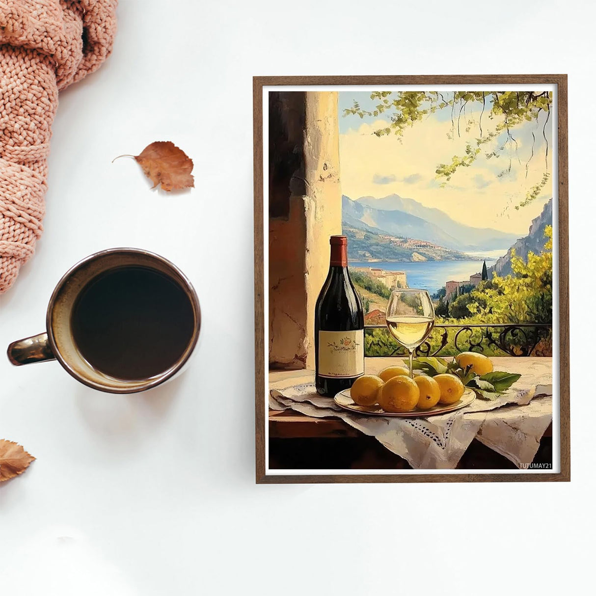 TUTUMAY21 Adult Diamond Painting Art Landscape Kit, Wine and Lemon, Seaside Town 5D Landscape Full Diamond Diamond Painting Arts and Crafts Wall Decoration 12x16 inch TUTUMAY21