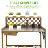 PetsCosset Garden Potting Benches & Tables,Outdoor Wooden Work Station W/Metal Table Top,Drawer,Large Bottom Shelf,Open Shelf Natural Wood-Natural Stained PetsCosset