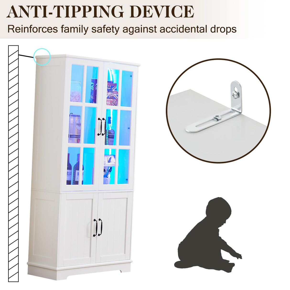 LUXOAK 71" Tall Bookshelf with Doors, LED Display Cabinet with 5-Tier Storage Shelves, White Bookcase for Study/Home Office/Living Room, 6-Door LUXOAK