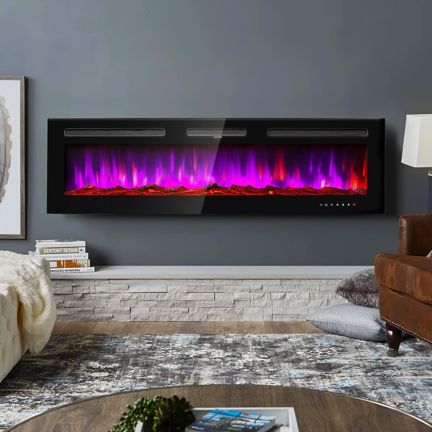 Jolydale Electric Fireplace 60 inch Wall Mounted and Recessed with Remote Control and Touch Panel Control, Timer,12-Level Adjustable Flame Colors and Speed