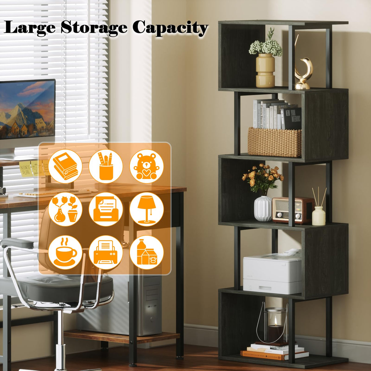 Furologee 6-Tier S-Shaped Geometric Bookshelf in Light Black Oak - Tall Industrial Display and Storage Shelf Furologee