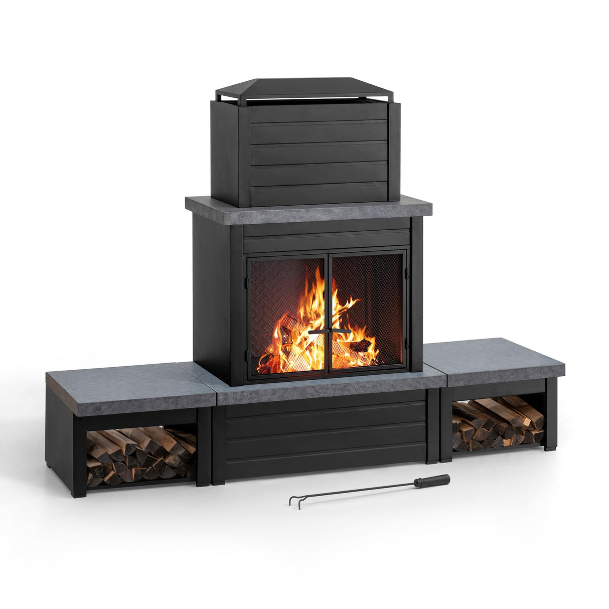 Sunjoy Wood Burning Fireplace, Outdoor Patio Steel Fireplace with Chimney, Log Holders, Fireplace Tool and PVC Cover, Black Sunjoy