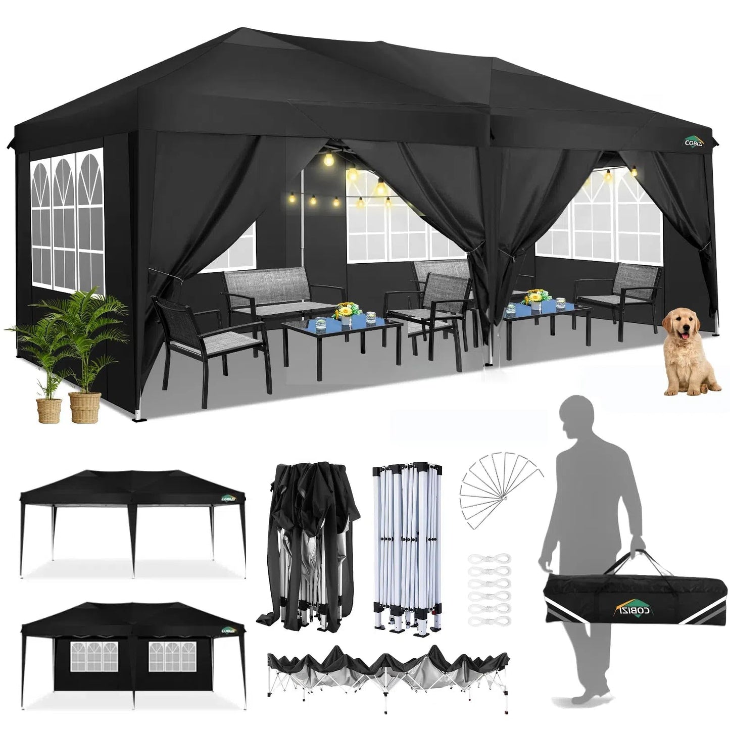 COBIZI Canopy 10x20 Pop Up Canopy Tent with 6 Sidewalls Easy Pop Up Tent 10x20 Waterproof Commercial Instant Shelter UPF 50+ Portable Gazebo Wedding Tents for Parties Carport Vender Events(Black..