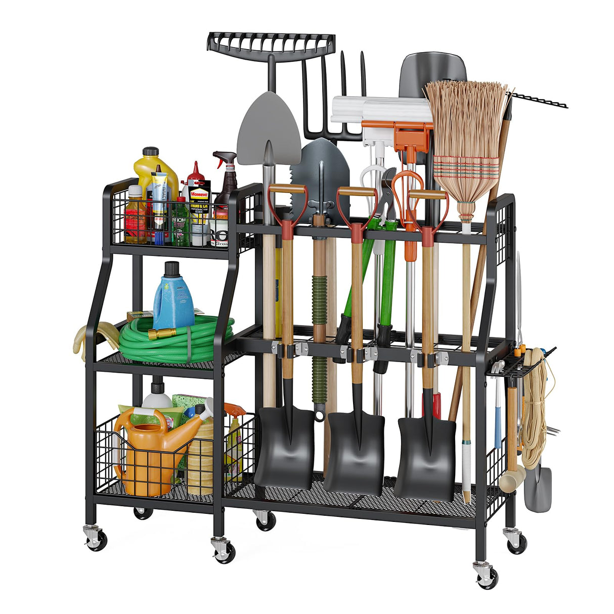 keomaisyto Garden Tool Organizer with 6 Wheels(3 lockable), Heavy Duty Yard Tool organizer with 2 Basket, Large Metal Garage Tool Organization and Storage for Garage/Shed/Yard/Broom Closet/Lawn keomaisyto