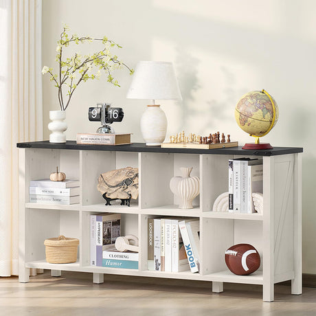 Joaxswe 8 Cube Book Shelf, Farmhouse Wood Long Storage Organizer Bookcase, 62" Horizontal Antique White & Black Console Bookshelf, Kids Toy Storage Cabinet, Modern Open Book Case for Playroom, Office Joaxswe