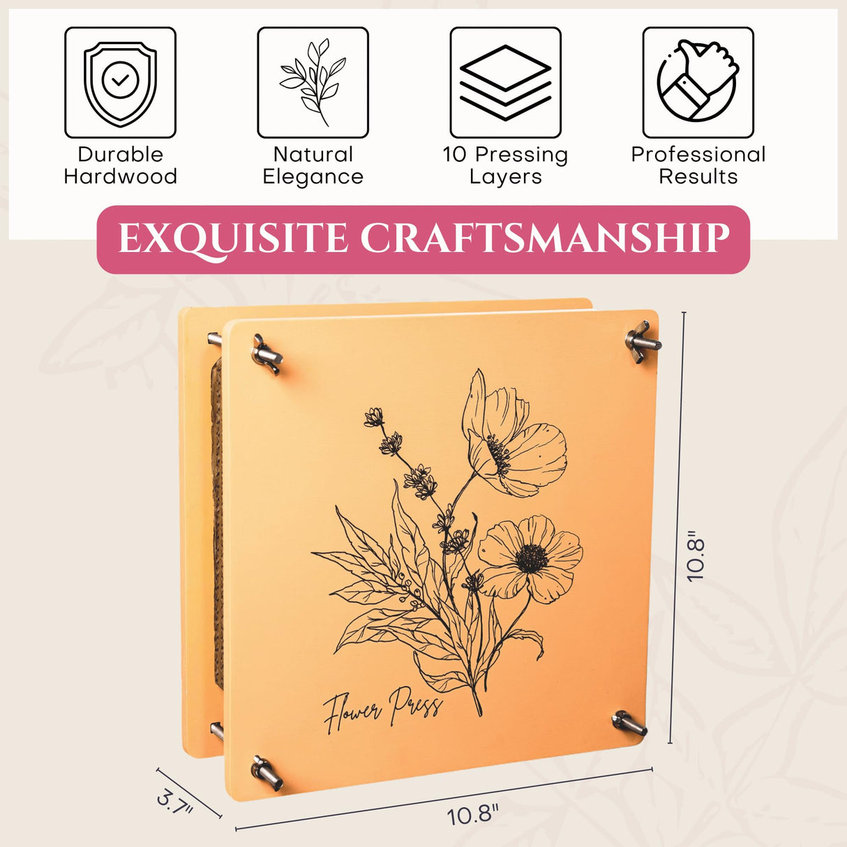 Wooden Flower Press - Durable Bolt Lock Design Complete Pressing Kit w/White Absorbent Sheets, Ebook Guide & More - 10 Layers for Drying & Preserving Flowers - Ideal Craft Gift for Nature Lovers Carnation Canvas