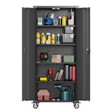 GangMei Black Metal Storage Cabinet with Wheels, 72'' Rolling Locking Garage Cabinet, 4 Adjustable Shelves, Utility Cabinet for Garage, shop, Home, Assemble Required GangMei