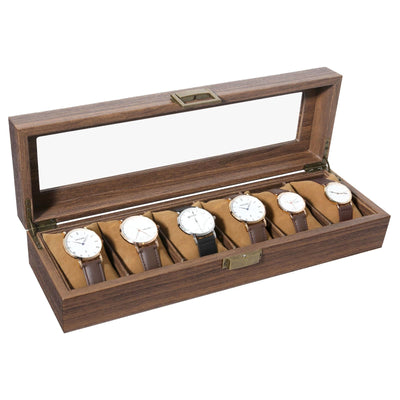 Uten Watch Box 6 Slots, Watch Case Organizer with Real Glass Lid, Wood Grain PU Leather Watch Display Storage Box with Removable Imitation Suede Watch Pillows, Metal Clasp