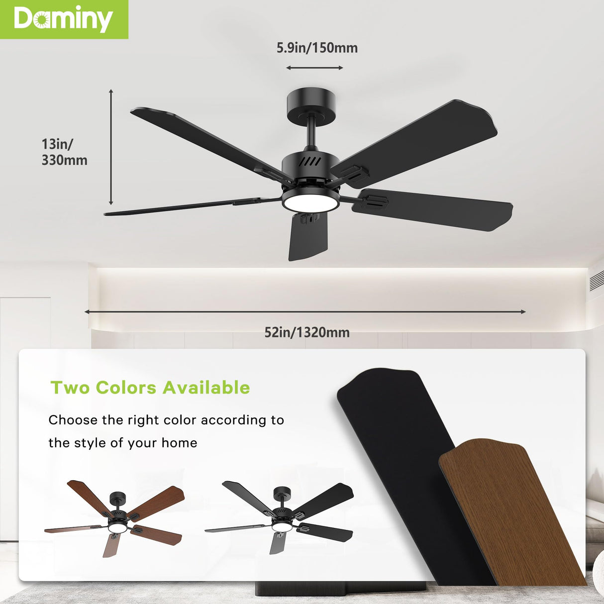 DAMINY 52 inch Ceiling Fan with Light,6CCT,5 Blade Ceiling Fan with Light,Low Profile Ceiling Fan with Light and Remote Control,Downrods,Black Ceiling Fan for Living Room,Indoor/Outdoor Use DAMINY