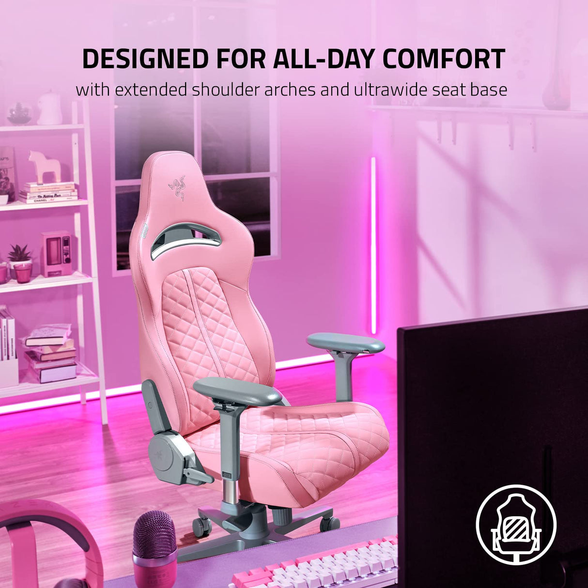 Razer Enki Gaming Chair: All-Day Comfort - Built-in Lumbar Arch - Optimized Cushion Density - Dual-Textured, Eco-Friendly Synthetic Leather - Reactive Seat Tilt & 152-Degree Recline - Pink Razer