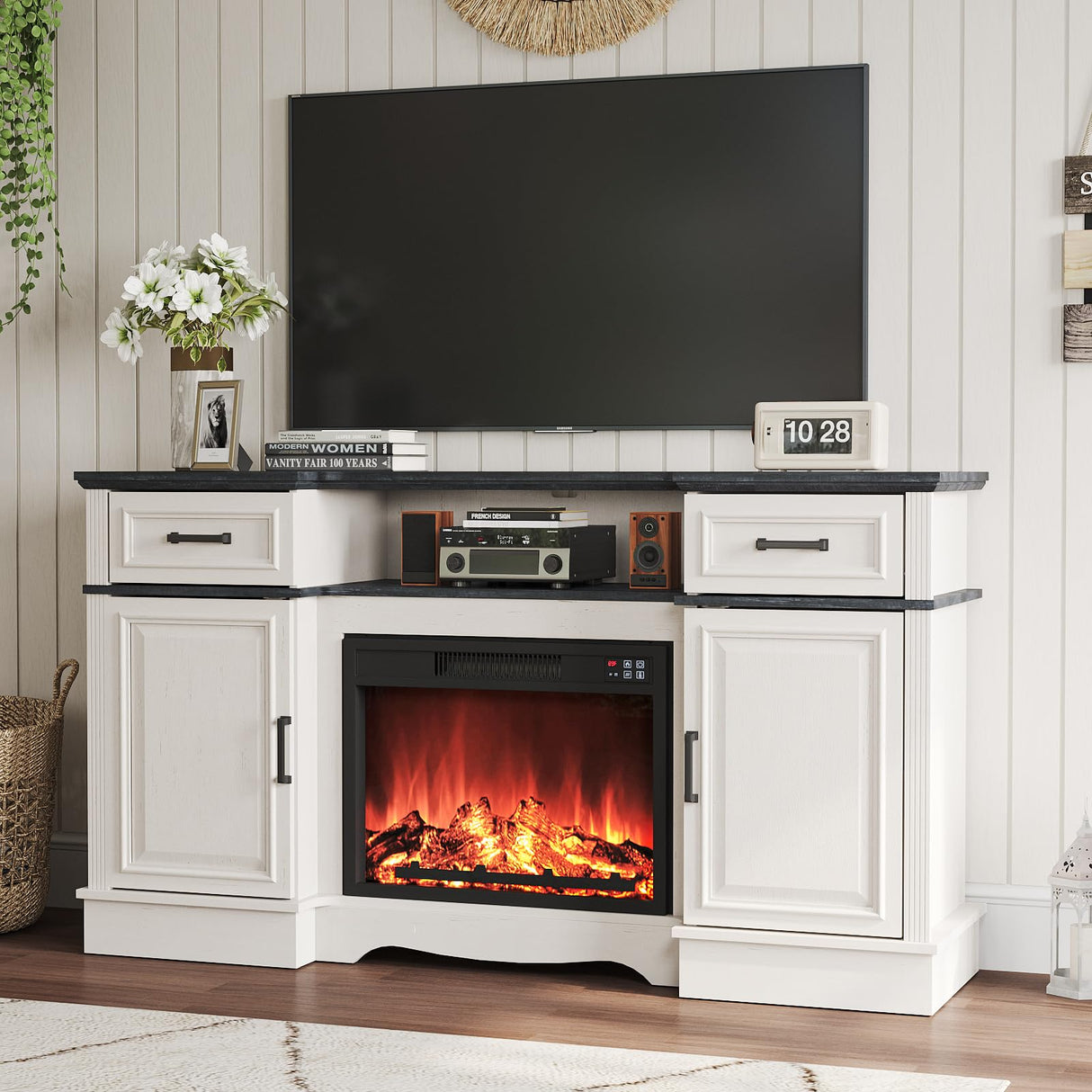 Maupvit Fireplace TV Stand for up to 65 inch TV, Entertainment Center with 23" Fireplace, Farmhouse TV Stands with Electric Fireplace, 2 Storage Cabinets, 2 Drawers for Living Room, White Maupvit