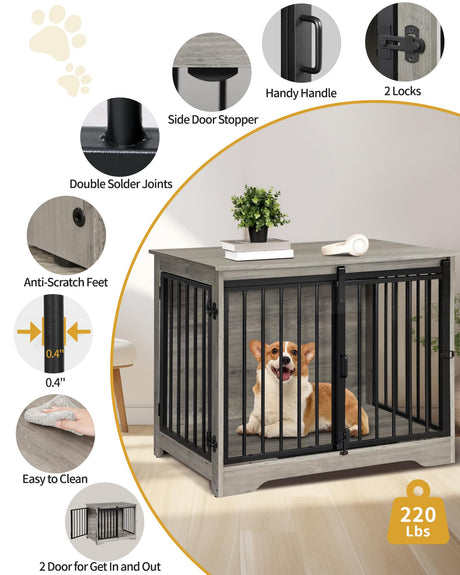 Hzuaneri Dog Crate Furniture, 32" Double Door Dog Crate with Barn Door, Dog Kennel Indoor, End Side Table Wooden Dog Crate for Small Medium Large Dog, Anti-Chew Anti-Escape, Greige Black DFC83605B Hzuaneri
