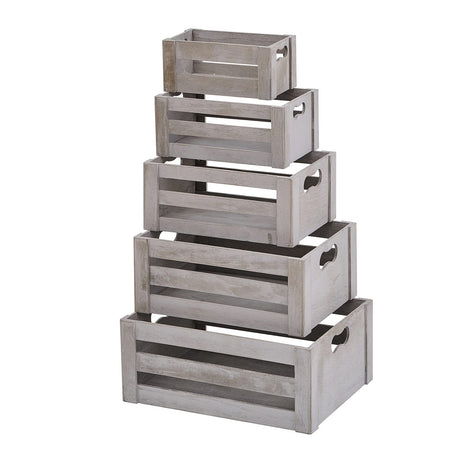 KMwares Set of 5 Vintage Rustic White Grey Wood Decorative Nesting Storage Crates with Open Handles - Multipurpose Wood Crafted Boxes/Bathroom Kitchen,Laundry Crates/Fruits & Vegetables Boxes KMwares