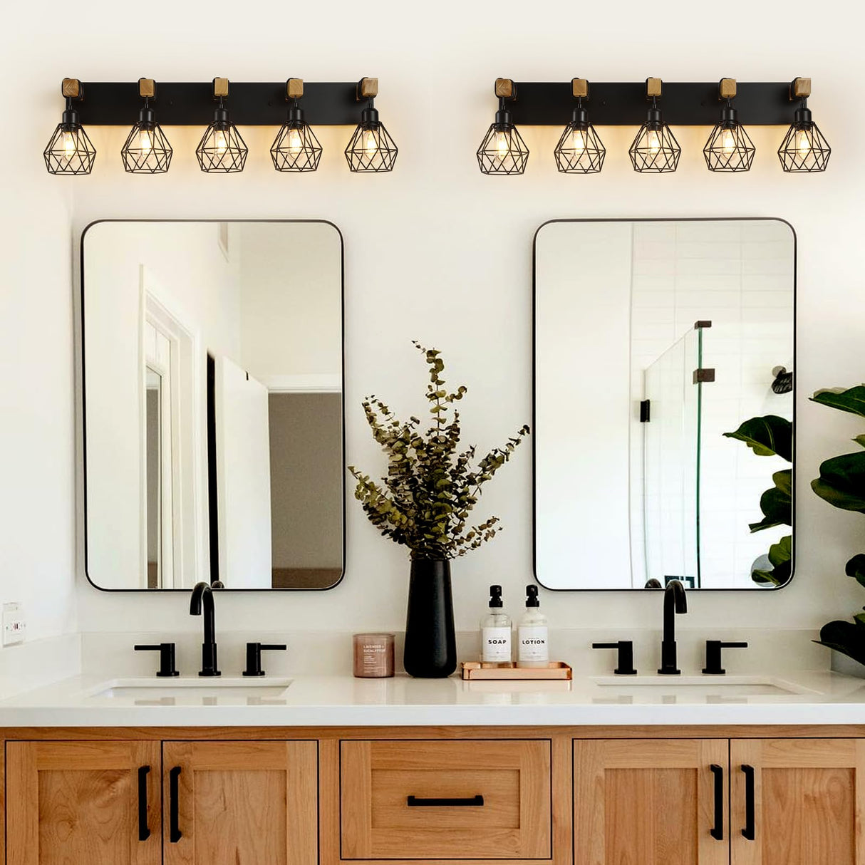 Farmhouse Bathroom Vanity Light Fixtures, 5-Light Wood Bathroom Light Fixtures Over Mirror, Rustic Sconces Wall Lighting with Elegant Metal Lampshade for Living Room, Bedroom, Hallway… maesta