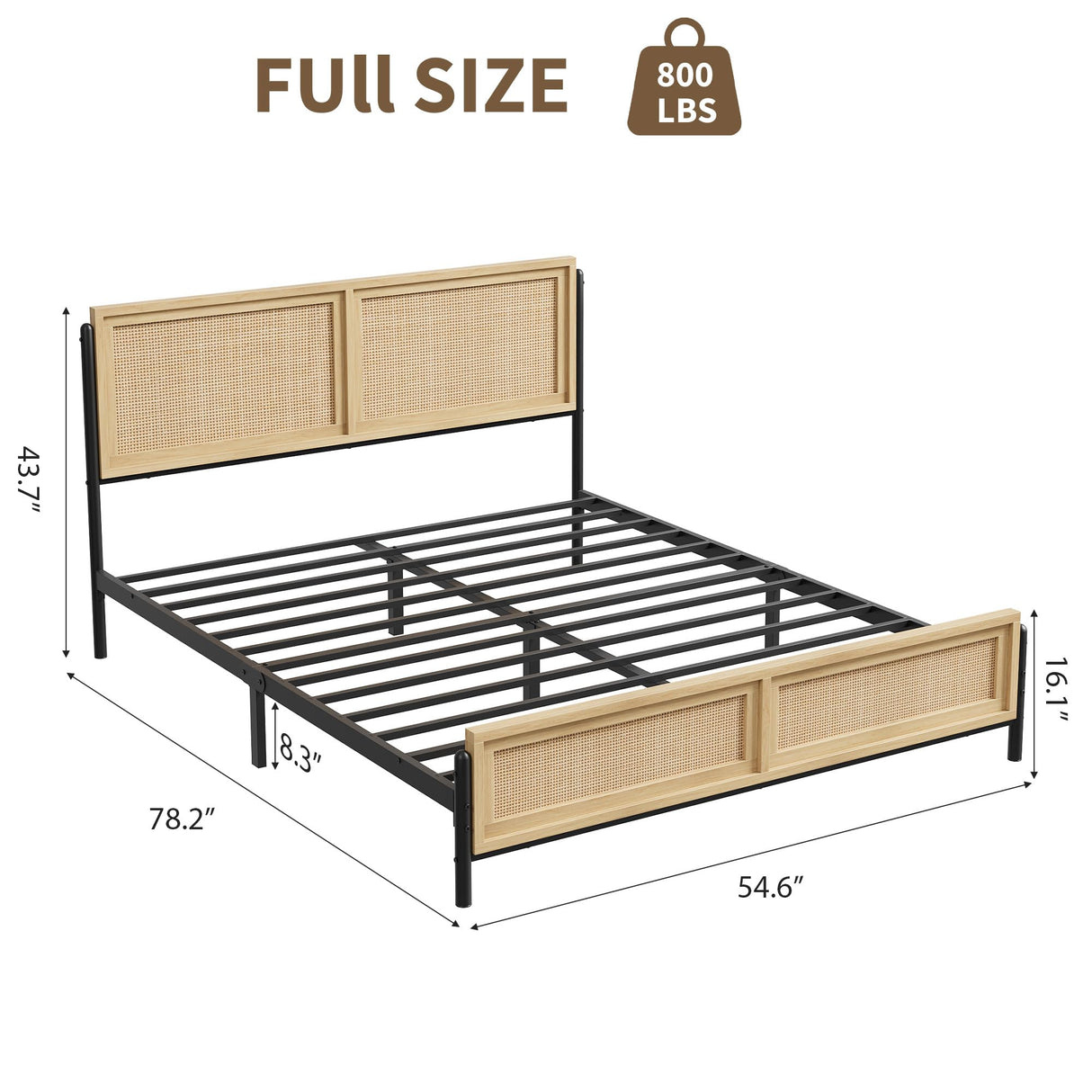 GarveeHome Boho Full Size Bed Frame with Natural Rattan Headboard and Footboard, Wooden Full Platform Bed No Box Spring Needed, 14 inch Noise-Free Easy Assemble Metal Bedframe GarveeHome