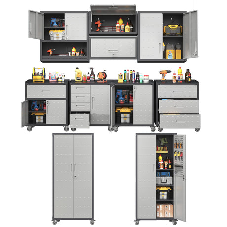 VIYET Metal Tool Cabinet,Garage Storage Cabinet System,Wall Cabinet & Locking Rolling Tool Cabinet with Doors and Adjustable Shelves,Steel Tool Cabinets for Home (10 Pcs-StyleA, Black & Grey) VIYET