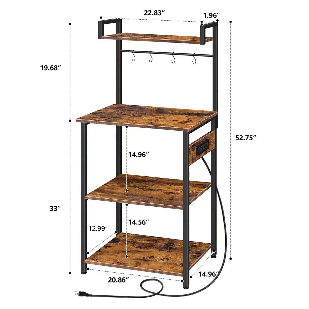 OIRBOEUS Rustic Brown Bakers Rack with Power Outlet and 5-Tier Storage for Kitchen and Coffee Bar OIRBOEUS