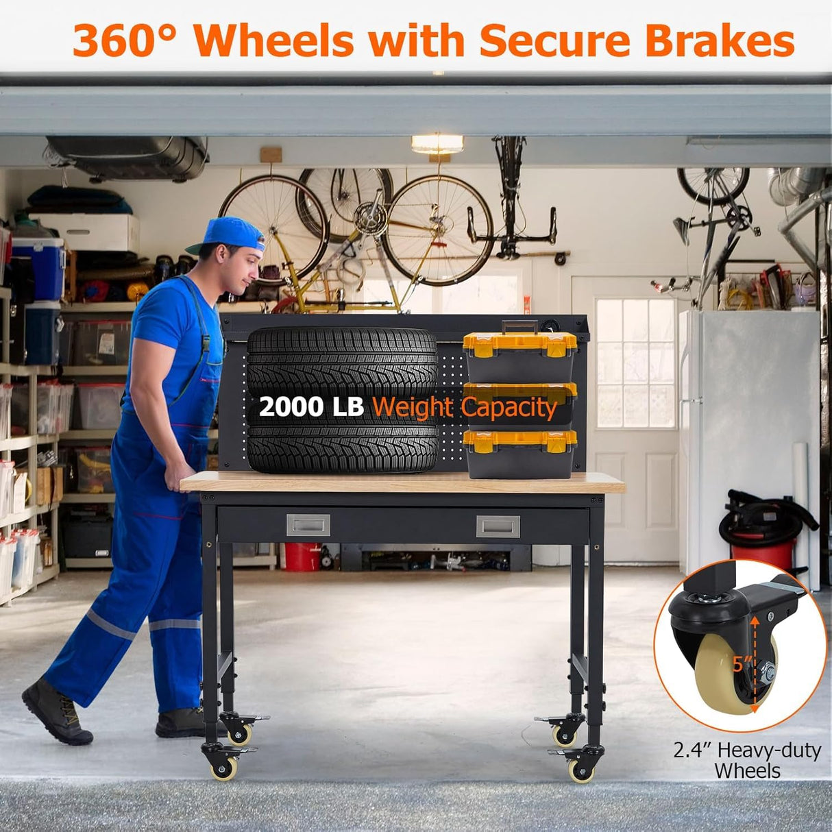 Workbench Adjustable Height 48" x 24" Worktable, Heavy Duty Rubber Wood Top Workbench with Drawer Storage Pegboard, 2000LBS Load Capacity, Tool Storage Workstation with Power Outlets & Lockable Wheels Euker