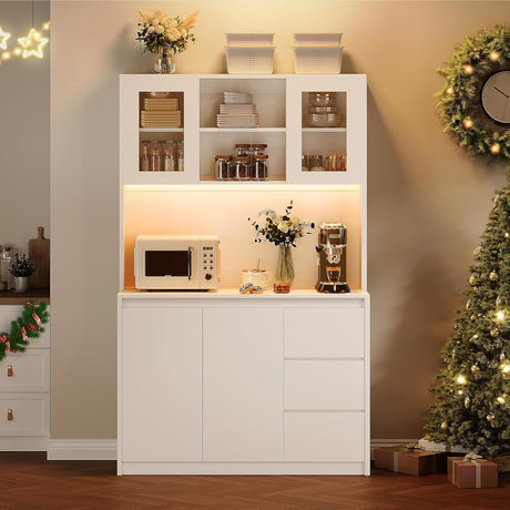 Kitchen Pantry Cabinet with Led Lights and Charging Station, Modern Kitchen Cabinet Hutch Cabinet with Storage and Microwave Stand, Tall Pantry Cabinet Buffet Cabinet with Countertop, White IDEALHOUSE