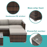 COSIEST 5-Piece Outdoor Furniture All-Weather Mottlewood Brown Wicker Sectional Sofa w Warm Gray Thick Cushions, Glass-Top Coffee Table, Patio COSIEST