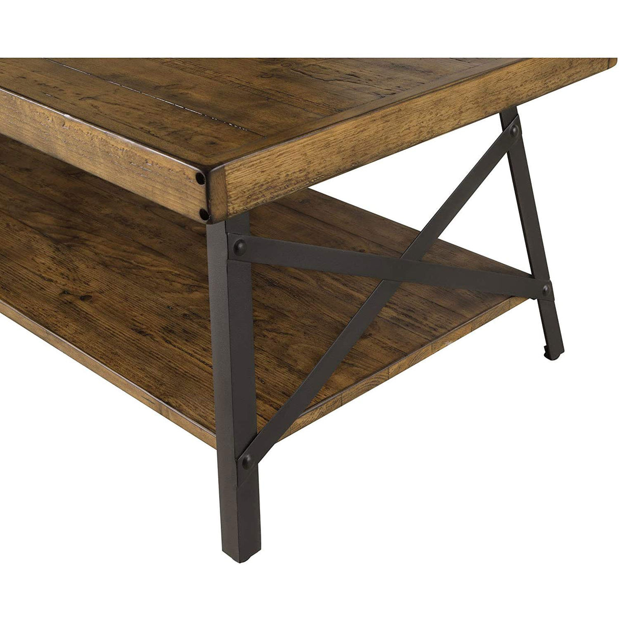 Emerald Home Furnishings Chandler Rustic Industrial Solid Wood and Steel Coffee Table with Open Shelf, Pine Brown,48" Emerald Furniture