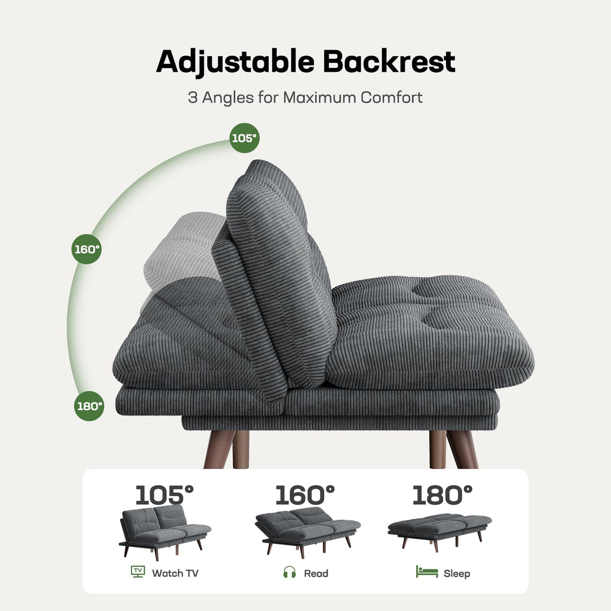 Marsail Futon Sofa Bed, Futon Couch with Adjustable Backrest & Armrests, Convertible Small Sleeper Sofa Bed for Small Apartments, Study Room, Office, Corduroy Loveseat, Grey Marsail