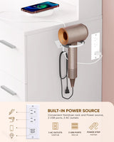 LIVELYGLOW Makeup Vanity Desk Set, 35.4“Wx15.7”Dx53.9“H, White (Smart LED Mirror, with Cushion Stool, Hairdryer Rack, Power-Outlet, 4 Drawers, Open Shelves) LIVELYGLOW