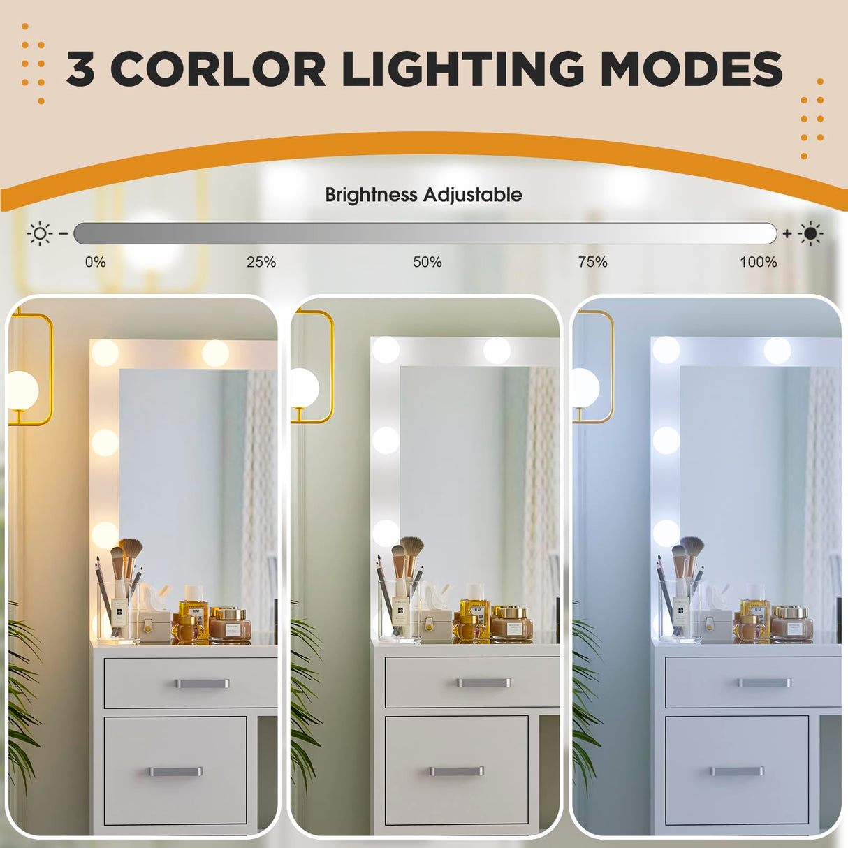 Likein Vanity Desk with Mirror and Lights, 47‘’ Glass Top Vanity with Power Strip, 9 Drawers Makeup Vanity with Lighted Mirror, White Vanity Set with Chair, 3 Lighting Modes Adjustable Brightness Likein