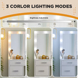 Likein Vanity Desk with Mirror and Lights, 47‘’ Glass Top Vanity with Power Strip, 9 Drawers Makeup Vanity with Lighted Mirror, White Vanity Set with Chair, 3 Lighting Modes Adjustable Brightness Likein